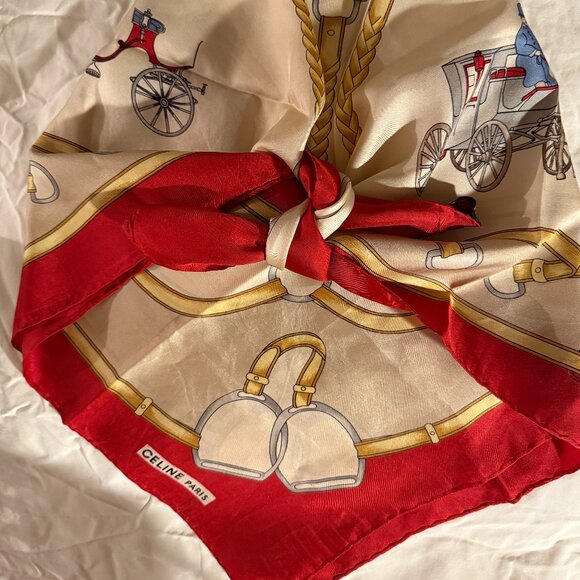 celine silk sq red tan carriage brand bridal print unisex - Picture 2 of 8